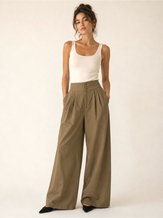Pants - Army Green Pleated High Waisted Wide Leg Barrel Pants Minimalist Goblin Earthy